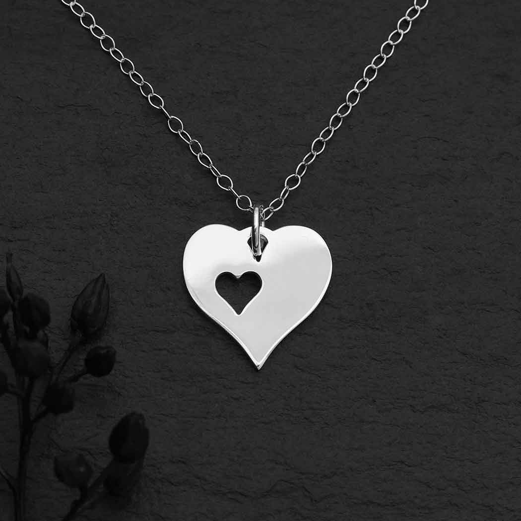 Sterling Silver Heart Necklace with Heart Cutout