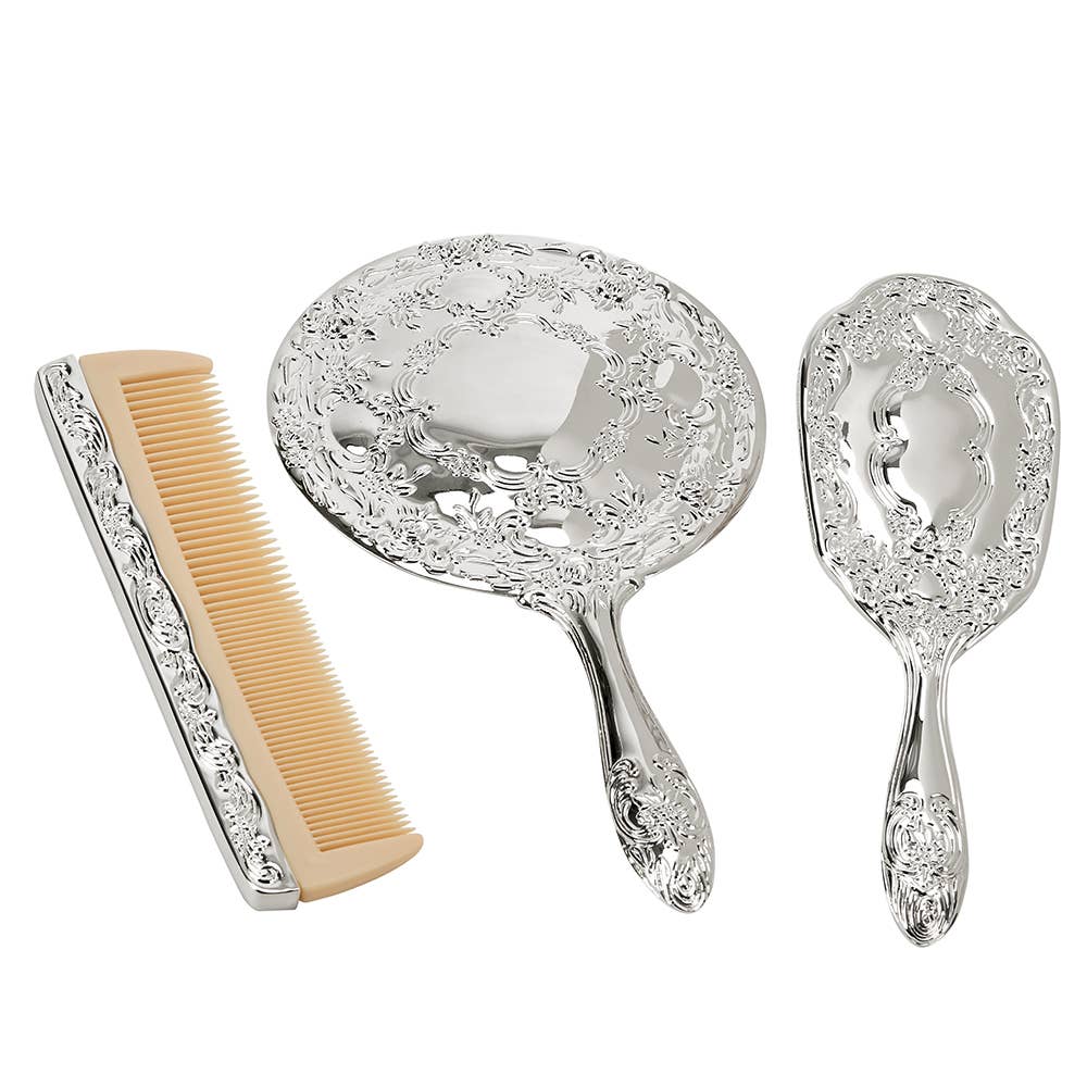 Ornate Silver Brush, Comb & Mirror Vanity Set