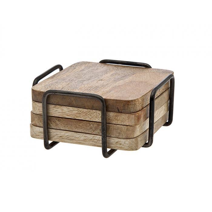 Godinger Ridgewood Natural Acacia Coaster Set with Iron Stand