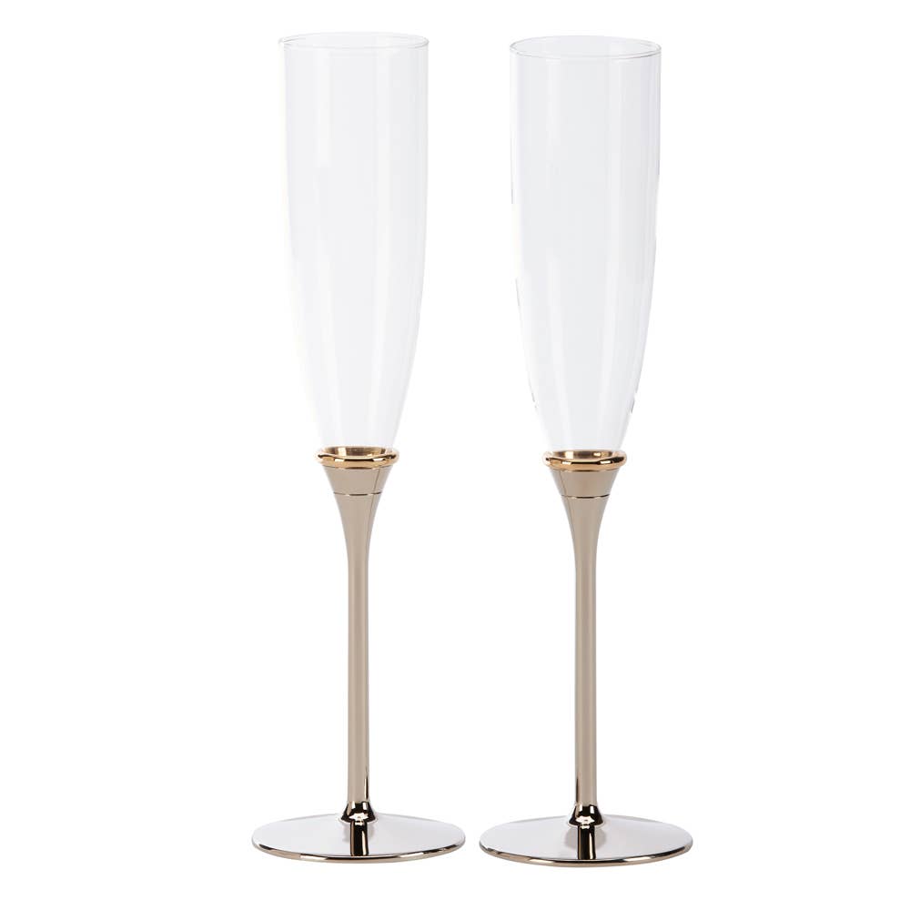 Gold Ring Band Silver Stem Champagne Toasting Flutes