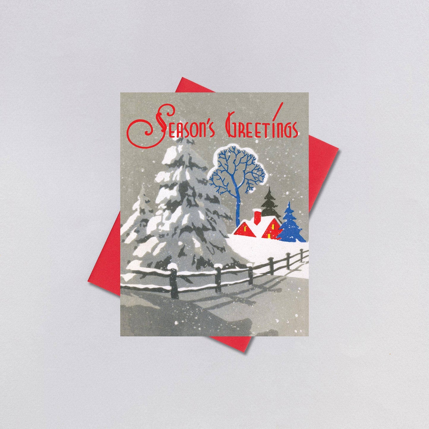 Red House & Blue Trees Retro Christmas Greeting Card