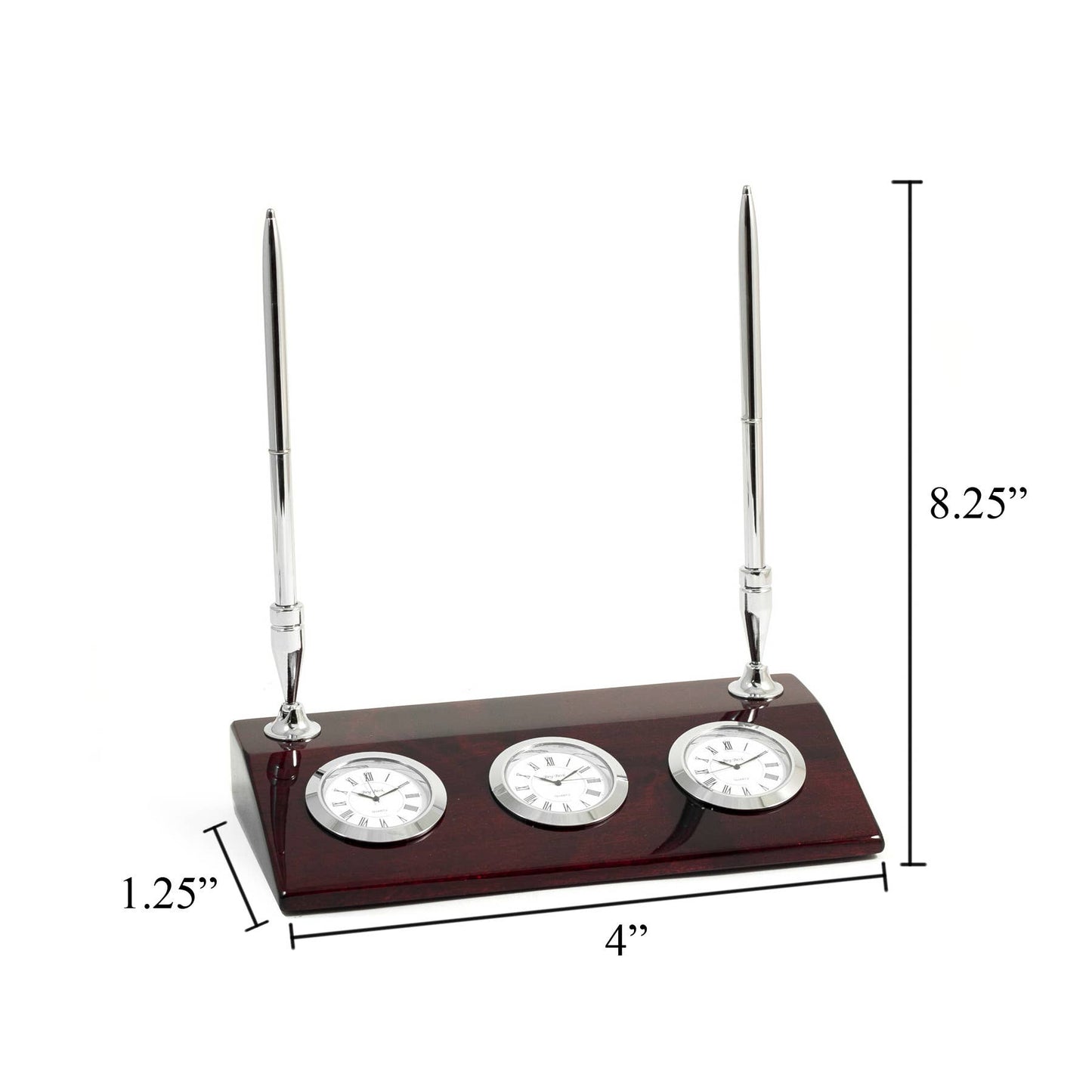 Rosewood & Chrome 3 Time Zone "Tokyo" Desk Clock Pen Stand