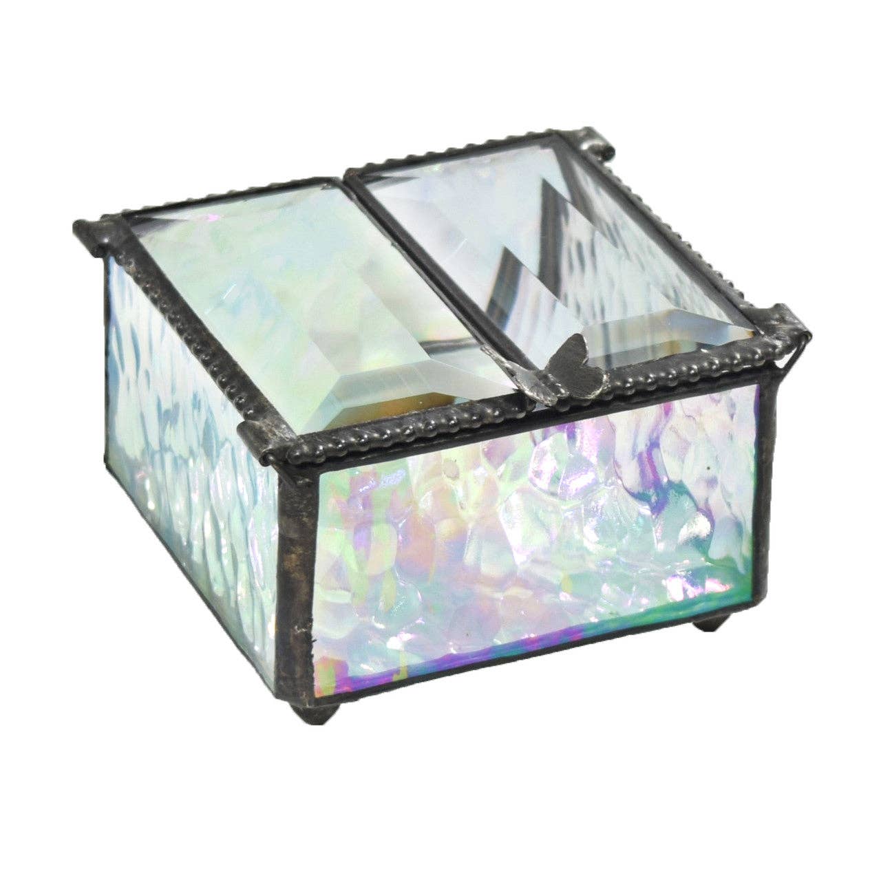 Clear Iridescent Glass Box with Center Open Butterfly
