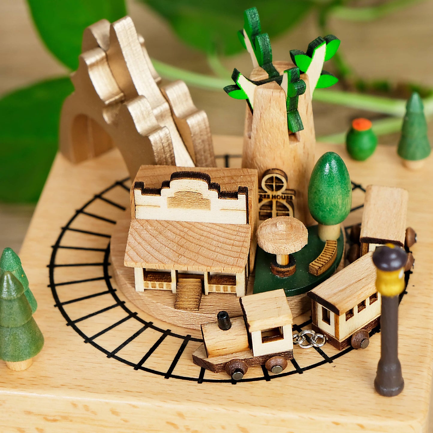 Handcrafted Wind-Up Wooden Tree House Music Box