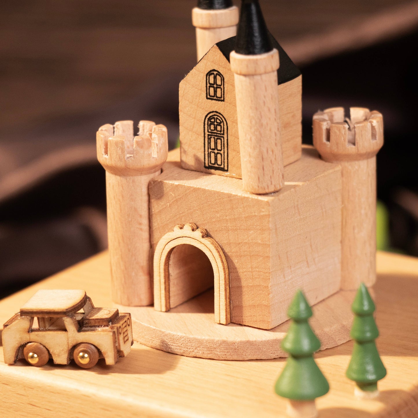 Handcrafted Wind-Up Wooden Castle Music Box