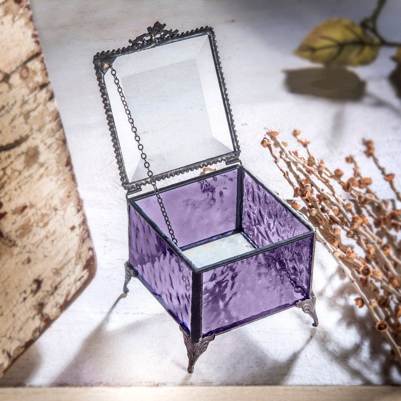 Purple Stained Glass Jewelry Box with Beveled Lid & Filigree Lift