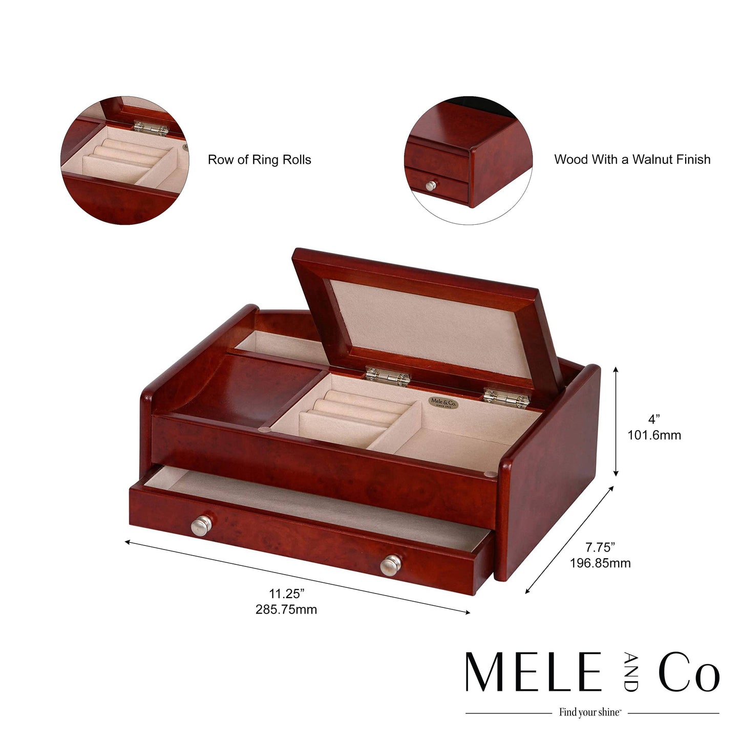 Mele & Co. "Davin" Men’s Dresser Valet Burlwood Wooden Jewelry Box