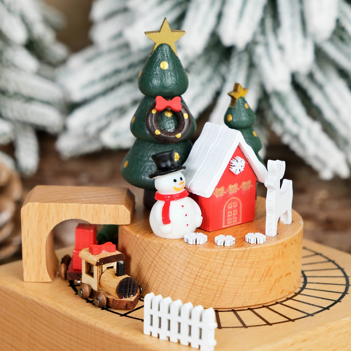 Handcrafted Wind-Up Wooden Christmas Train Music Box