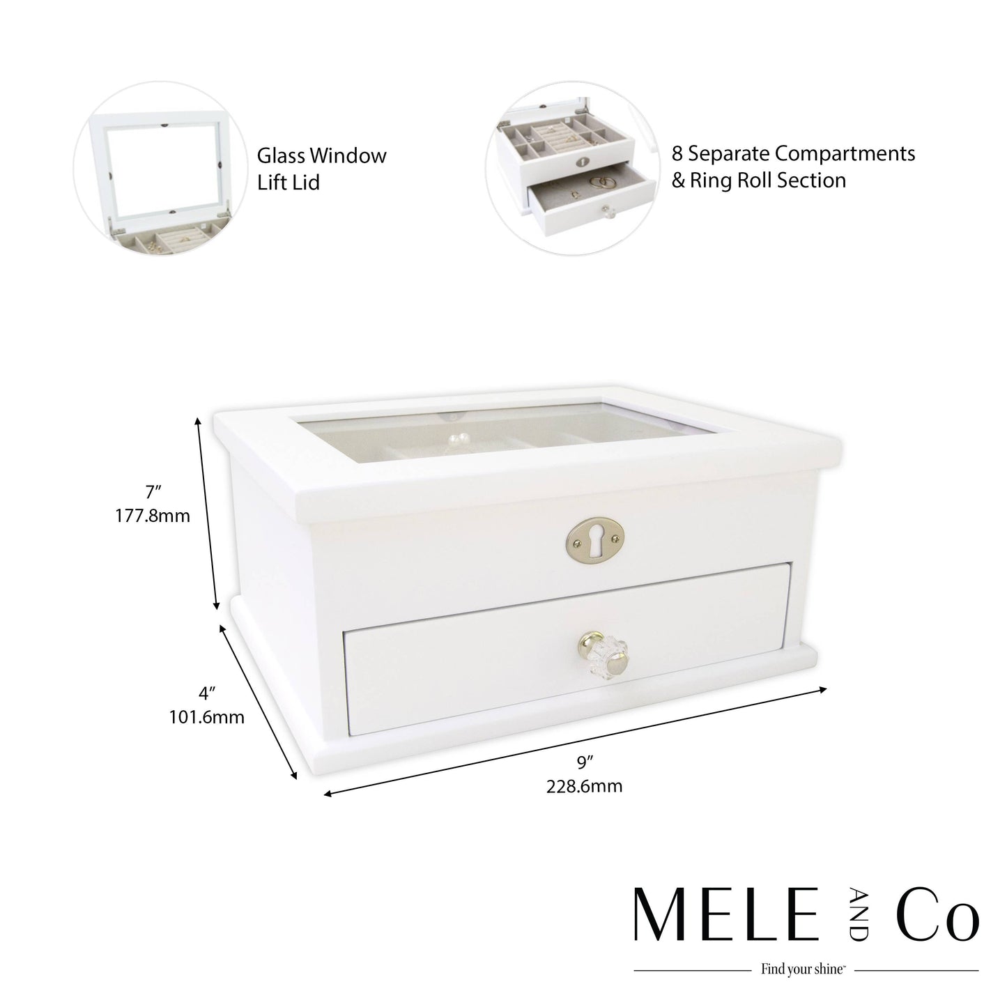 Mele & Co. "Mini Lili" Glass Top White Wooden Jewelry Box