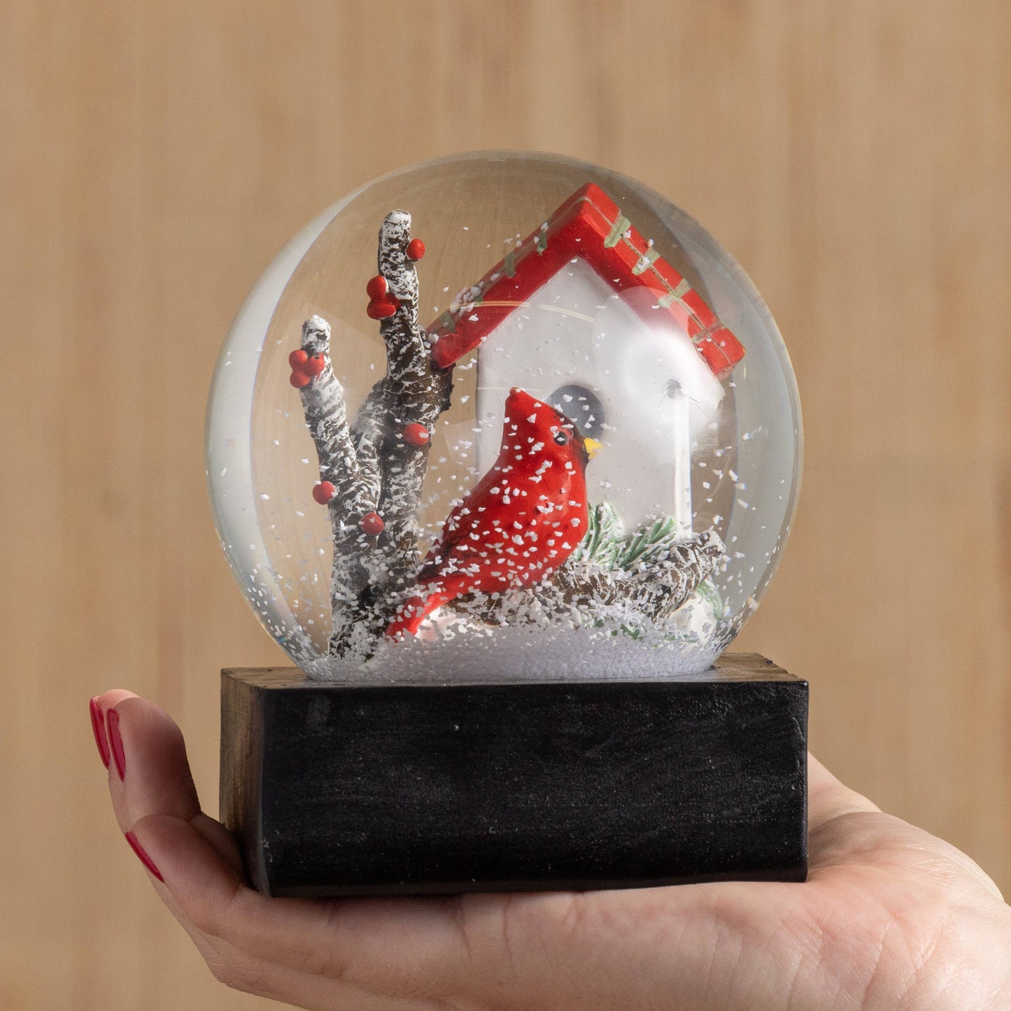 Cardinal Glass Snow Globe Birdhouse