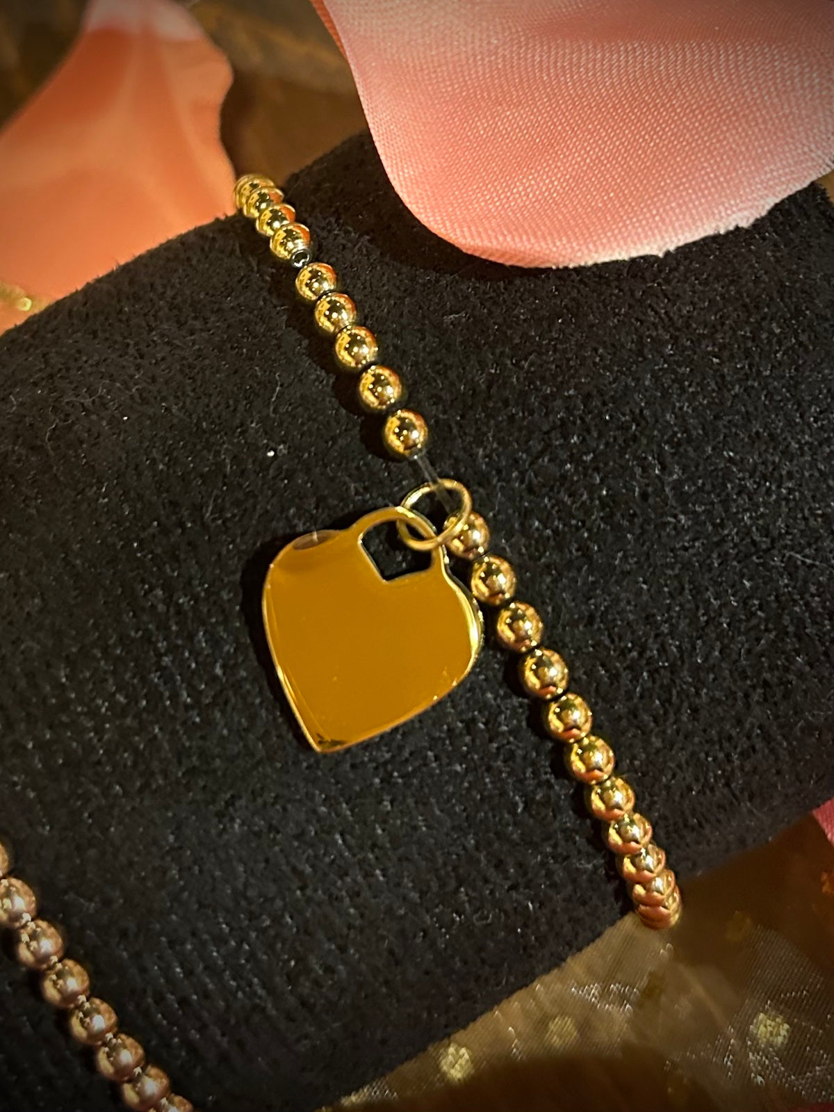 18K Gold PVD Coated Stainless Steel Heart and Bead Stretch Bracelets