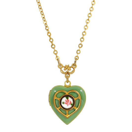 1928 Jewelry Hand Enameled Heart & Floral Decal Locket Necklace