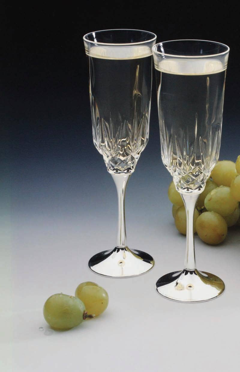 Crystal Champagne Flutes with English Silver Plate Stem