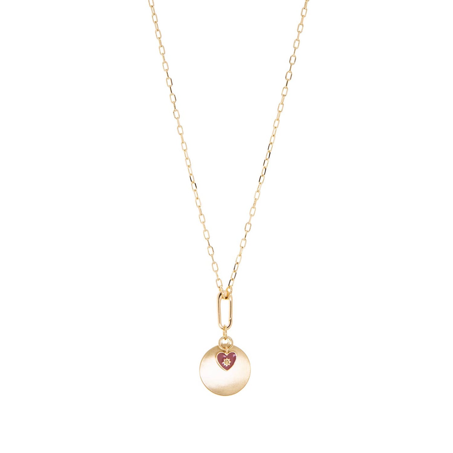 Pink Enamel Heart and Gold Double Disc Pendant Necklace