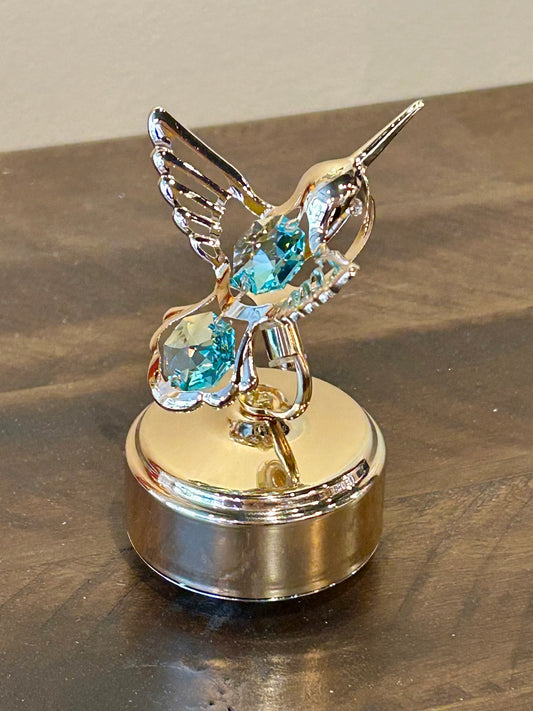 24k Gold Plated Revolving Musical Hummingbird with Green Swarovski Crystals