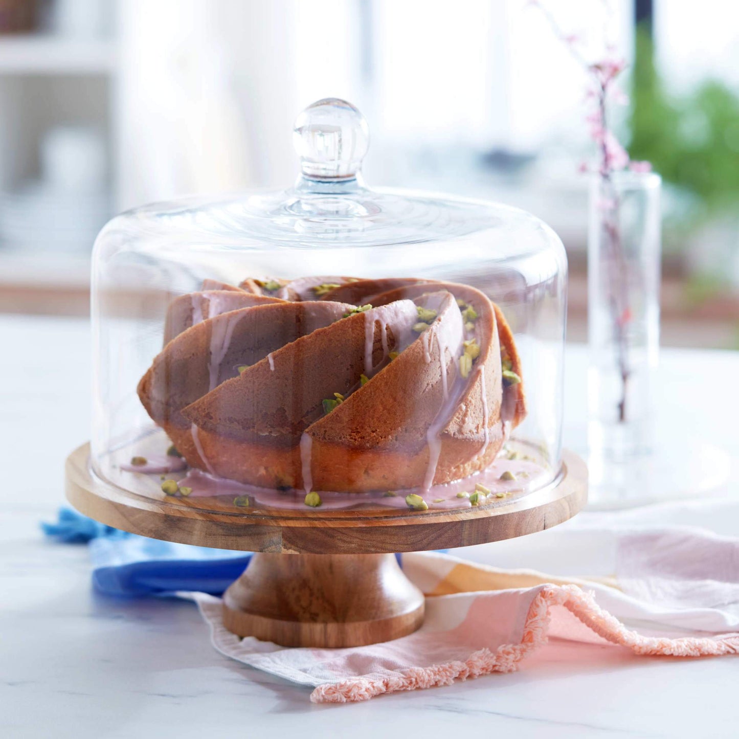 Libbey Acaciawood Footed Wood Cake Stand with Glass Dome