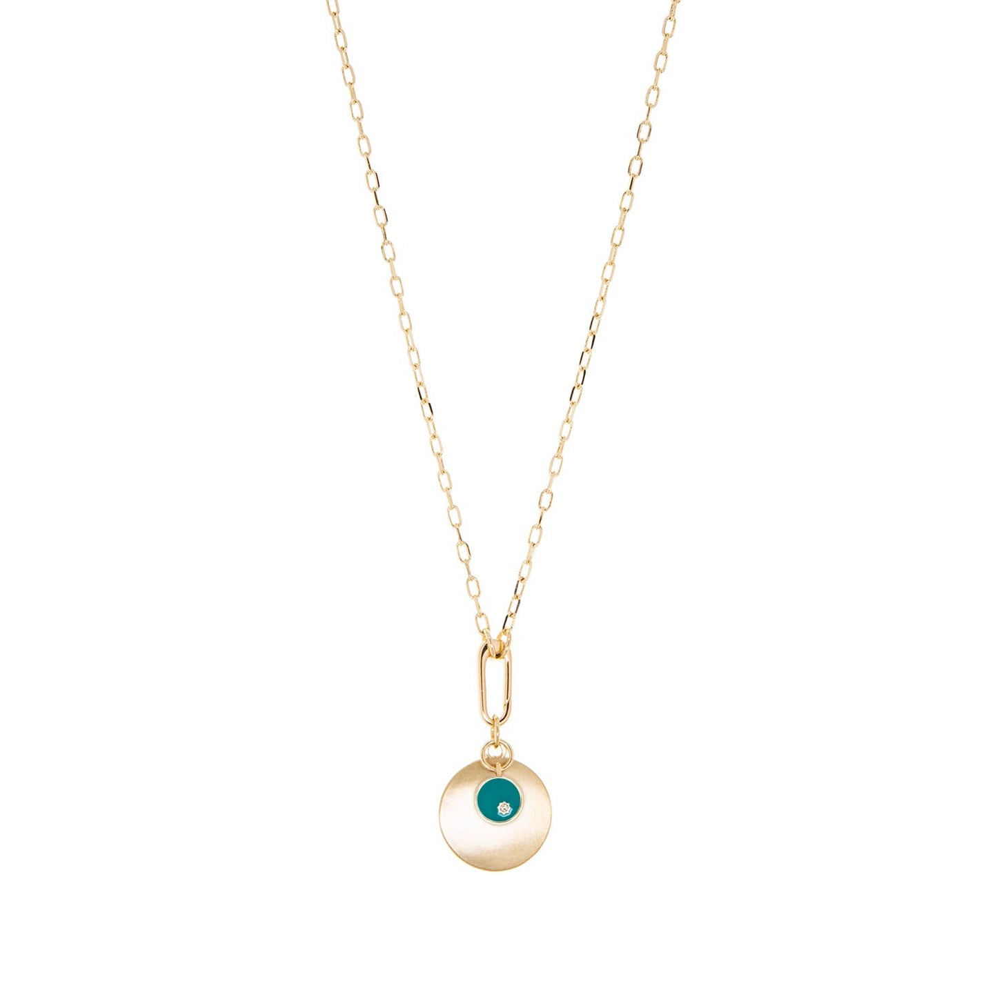 Gold and Teal Double Disc Pendant Necklace