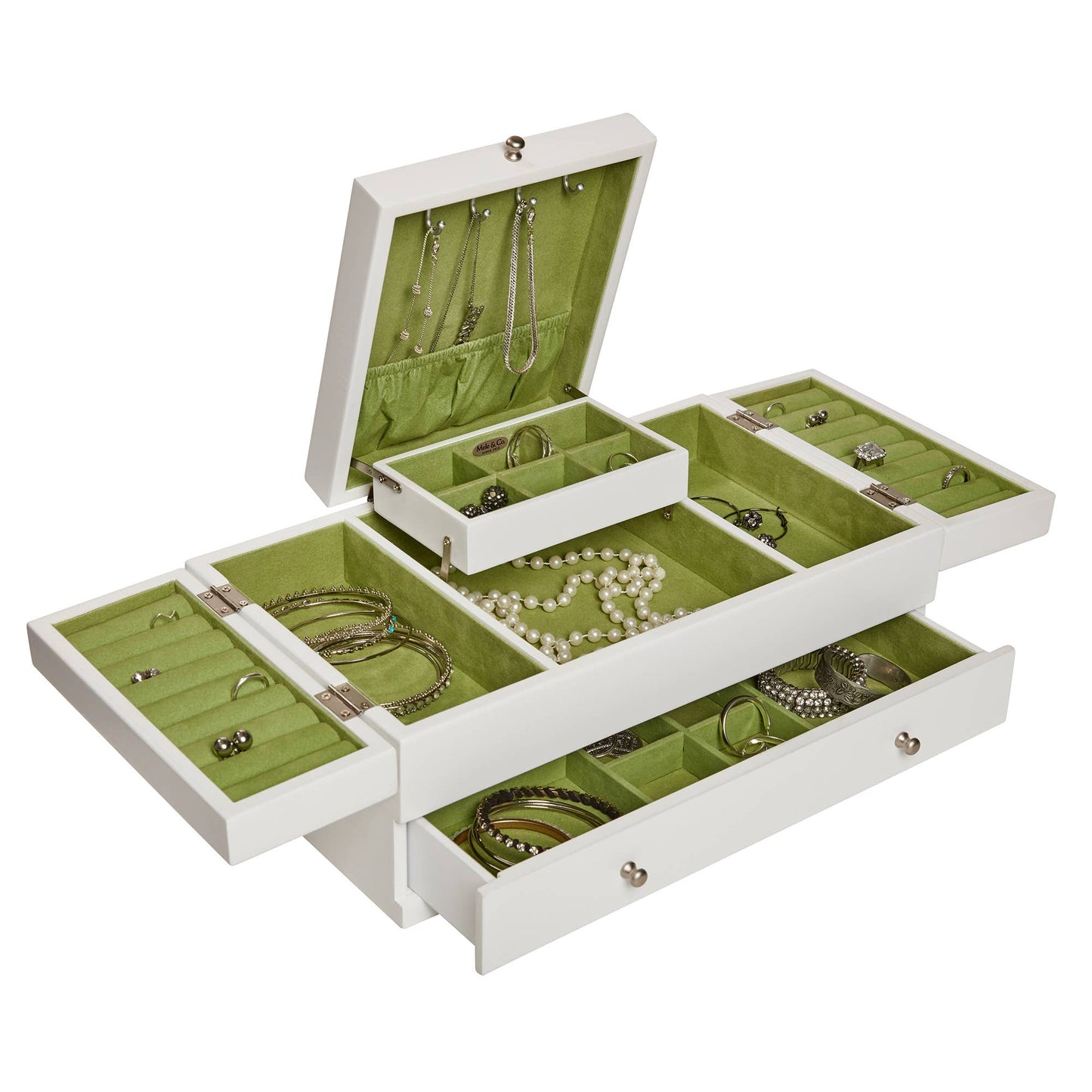 Mele & Co. "Everly" White Wooden Triple Lid Jewelry Box with Green Lining