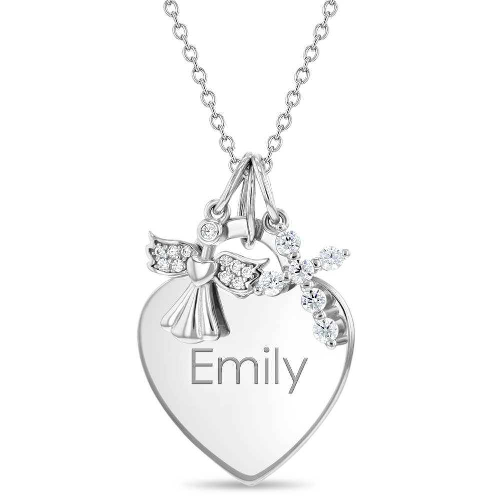 Girls Heart Pendant Necklace with Guardian Angel & CZ Cross