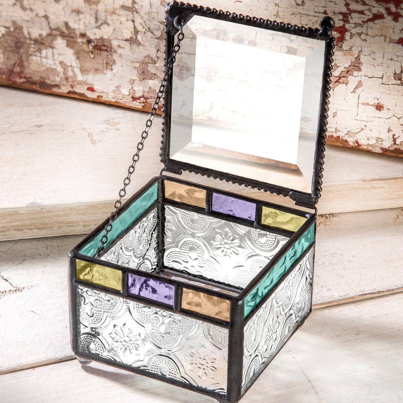 Arts & Crafts Glass Jewelry Box with Multi-Colored Accents