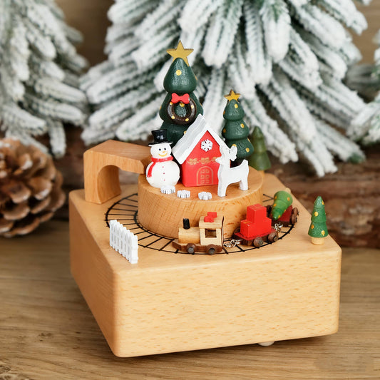 Handcrafted Wind-Up Wooden Christmas Train Music Box