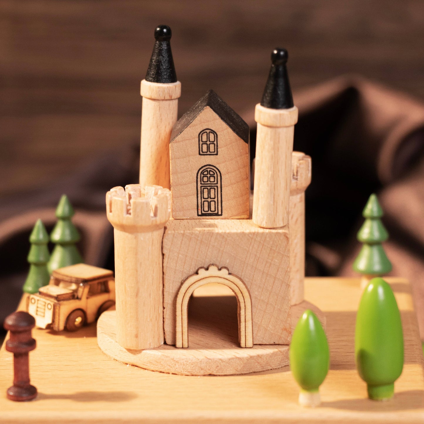 Handcrafted Wind-Up Wooden Castle Music Box