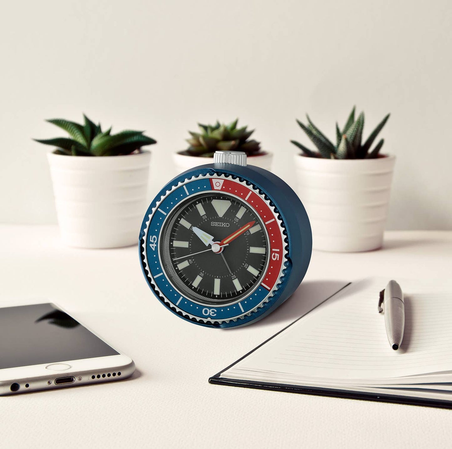 Seiko "Mai" Modern Watch Face Alarm Clock with Rotating Bezel