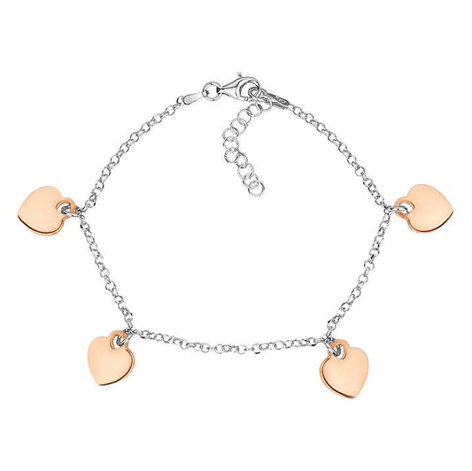 Sterling Silver Heart Charm Bracelet Rolo Chain (Silver or Rose Gold)