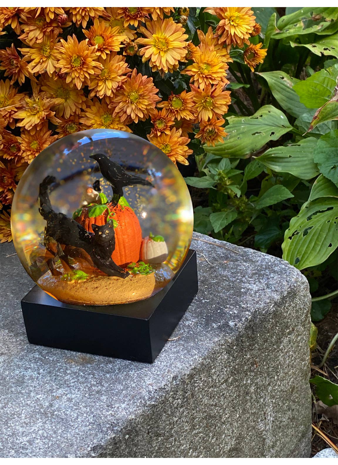 Halloween Black Cat, Crow & Pumpkin Snow Globe