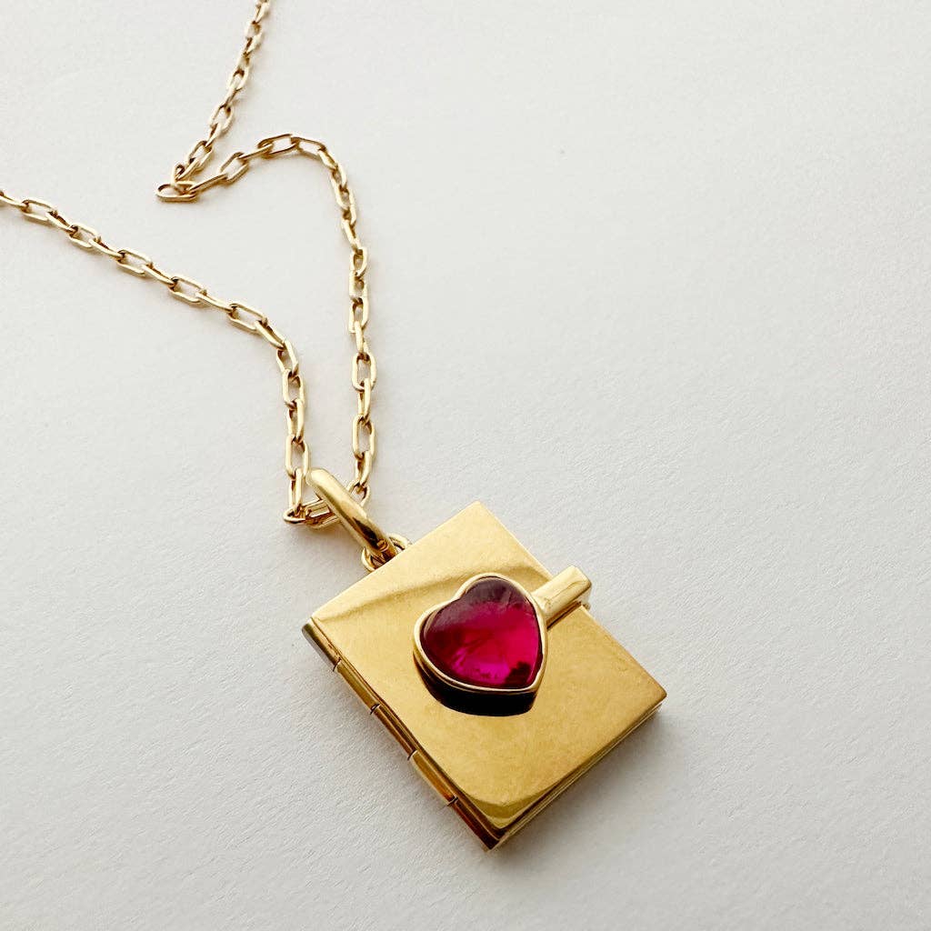 Gold Love Note Book Locket with Red Heart Gem