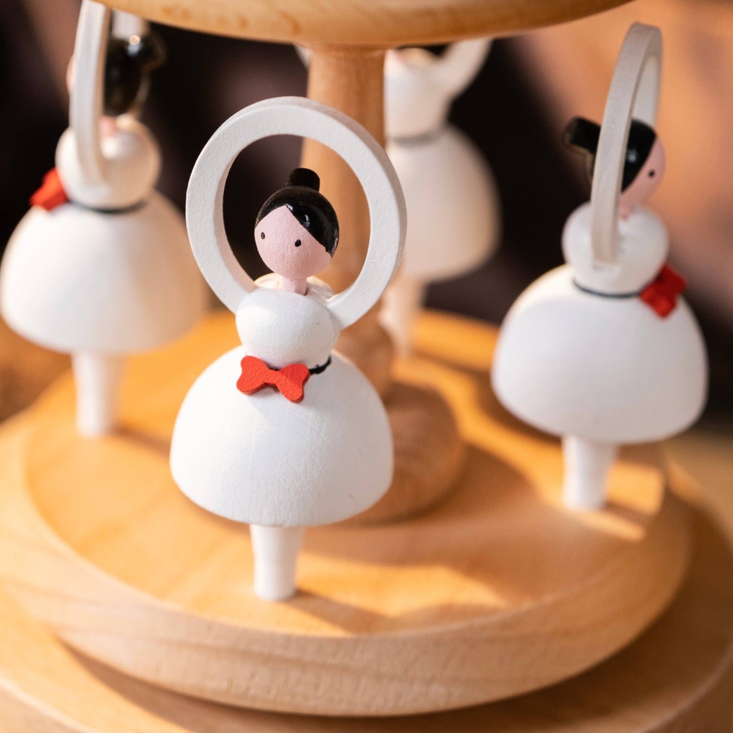 Wooden Red Bow Ballerina Girl Music Box Handcrafted Wind-Up