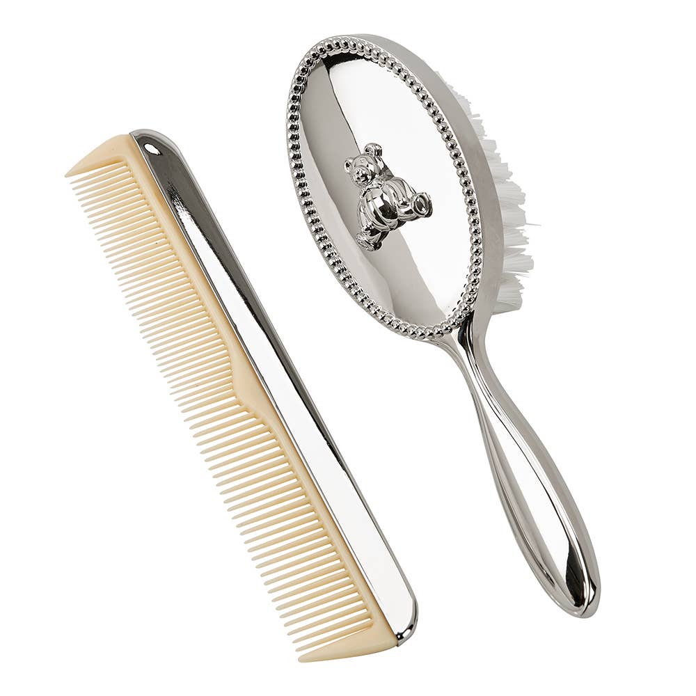 Silver Baby Comb & Brush Set with Teddy Bear Design