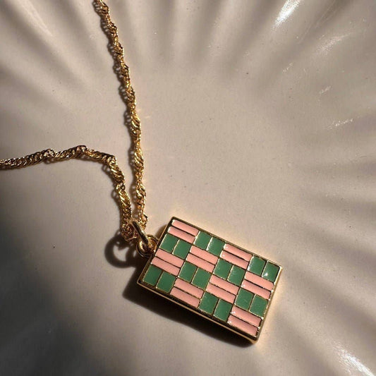 Gold, Strawberry Pink and Matcha Green Checkmate Pendant Necklace