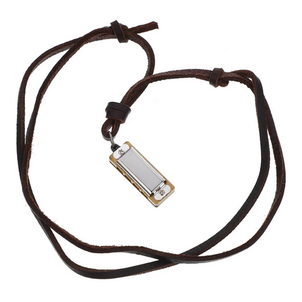1-1/2" Minature Harmonica on Leather Cord Necklace
