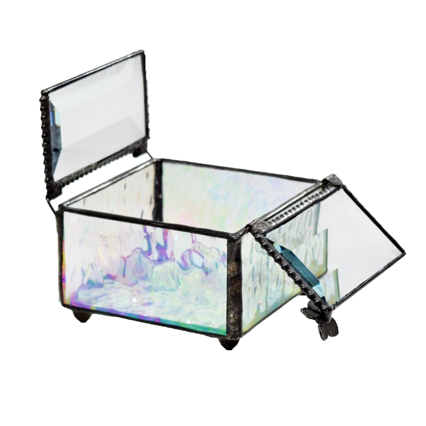 Clear Iridescent Glass Box with Center Open Butterfly
