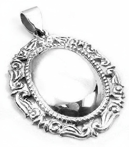 Ornate Framed Oval Sterling Silver Ornament Pendant on 18” Chain