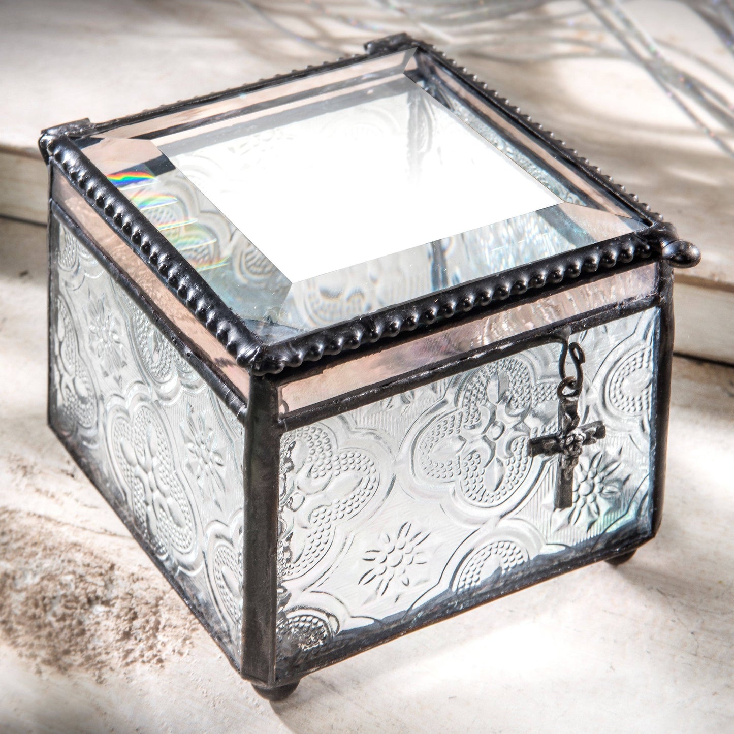 Glass Keepsake Box with Cross Charm