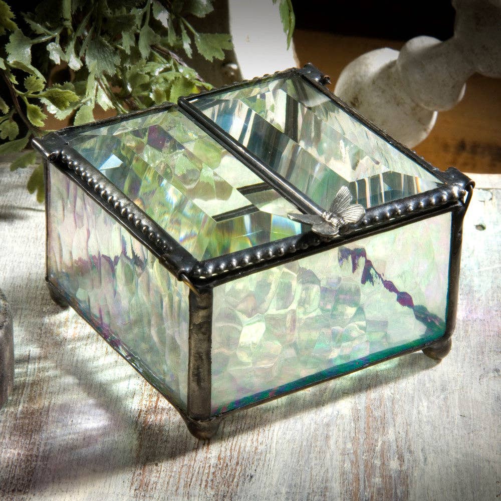 Clear Iridescent Glass Box with Center Open Butterfly
