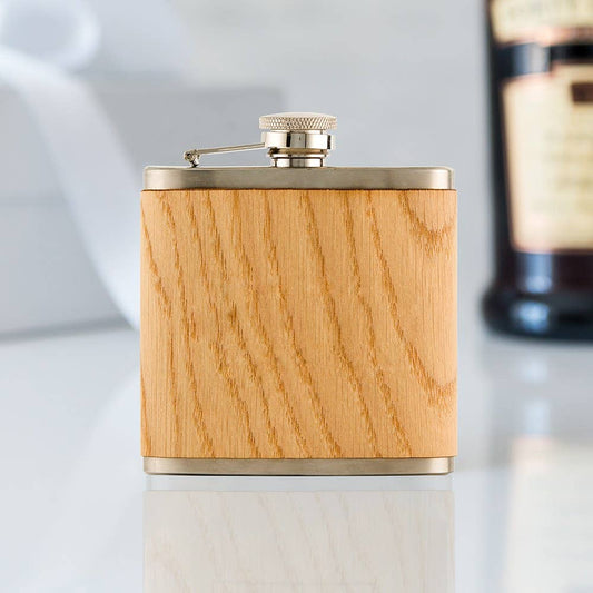 Oak Wood Wrapped Stainless Steel Hip Flask