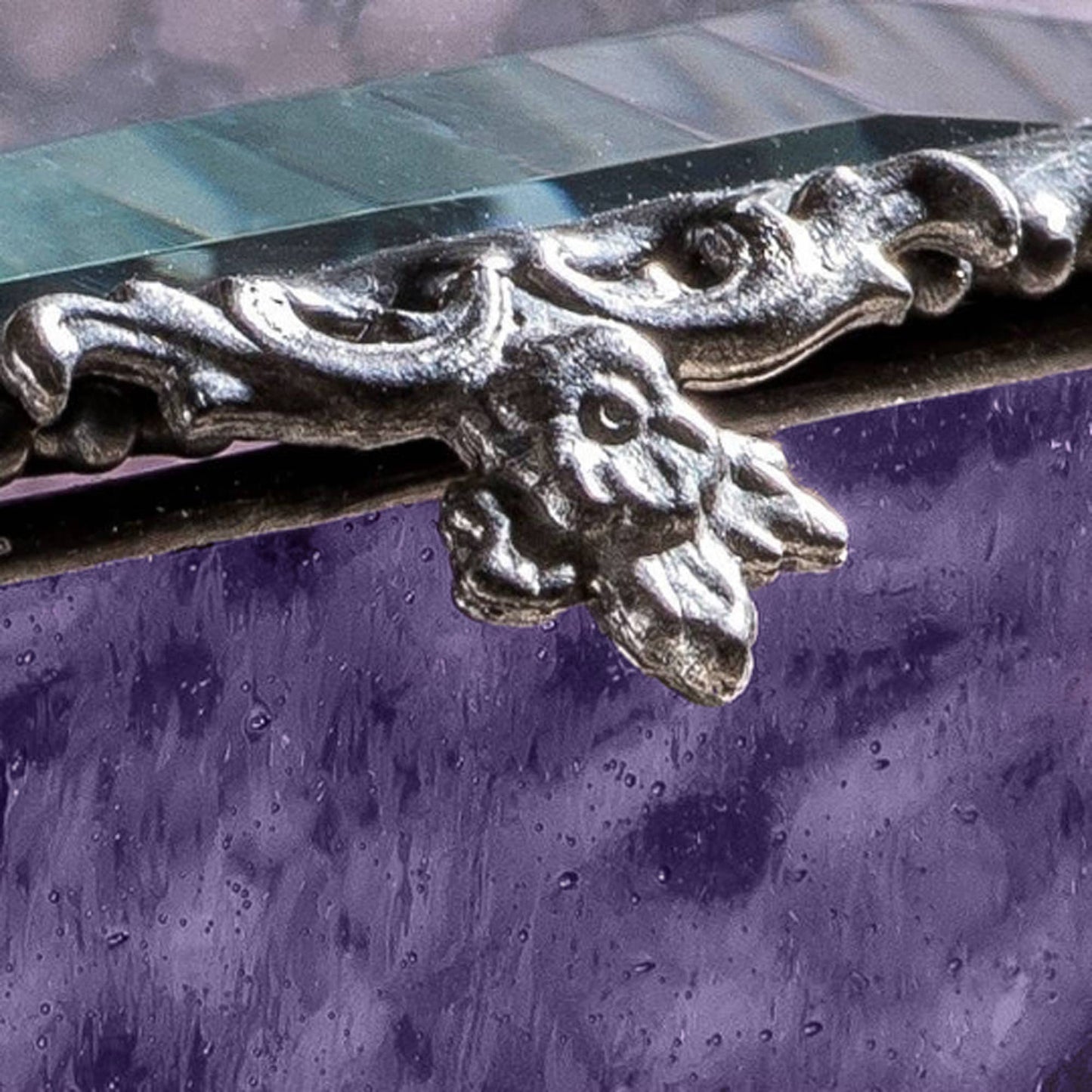 Purple Stained Glass Jewelry Box with Beveled Lid & Filigree Lift