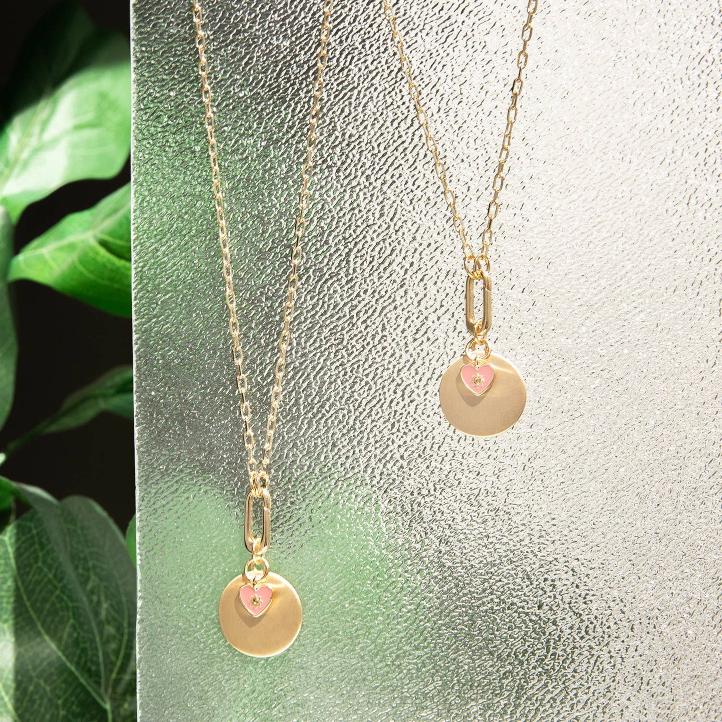 Pink Enamel Heart and Gold Double Disc Pendant Necklace