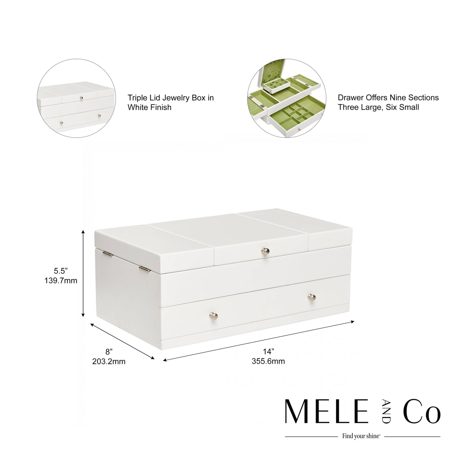 Mele & Co. "Everly" White Wooden Triple Lid Jewelry Box with Green Lining