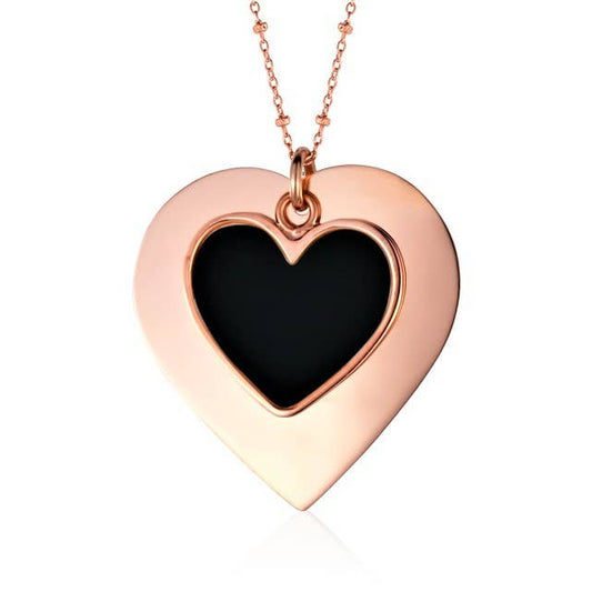 Rose Gold Plated Sterling Silver and Onyx Large Layered Double Heart Pendant