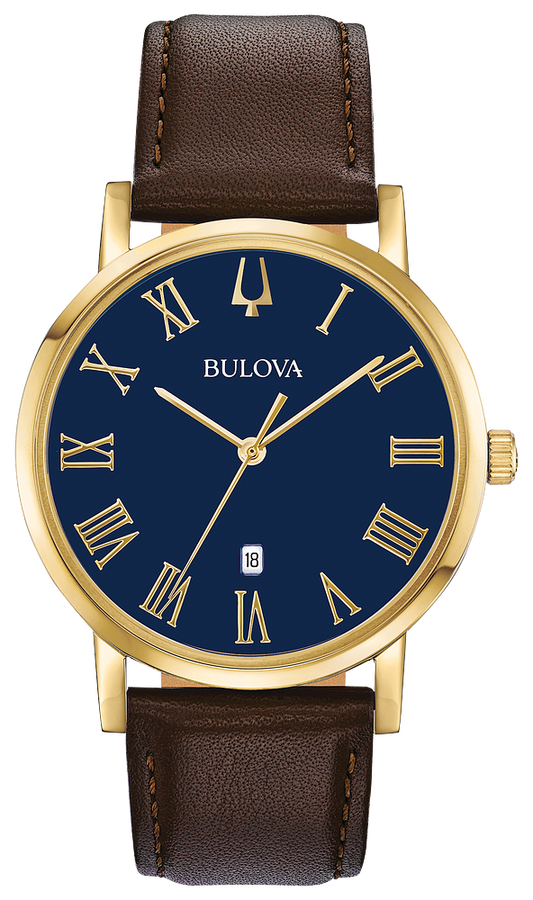 Bulova American Clipper Blue Dial Gold Watch with Brown Leather Strap