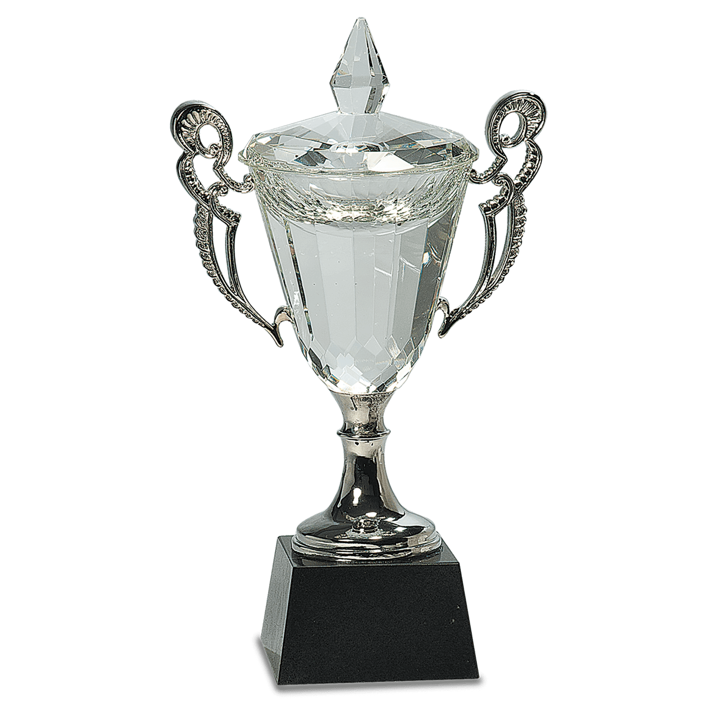 Crystal Trophy Cup with Silver Handles & Stem on Black Marble Base
