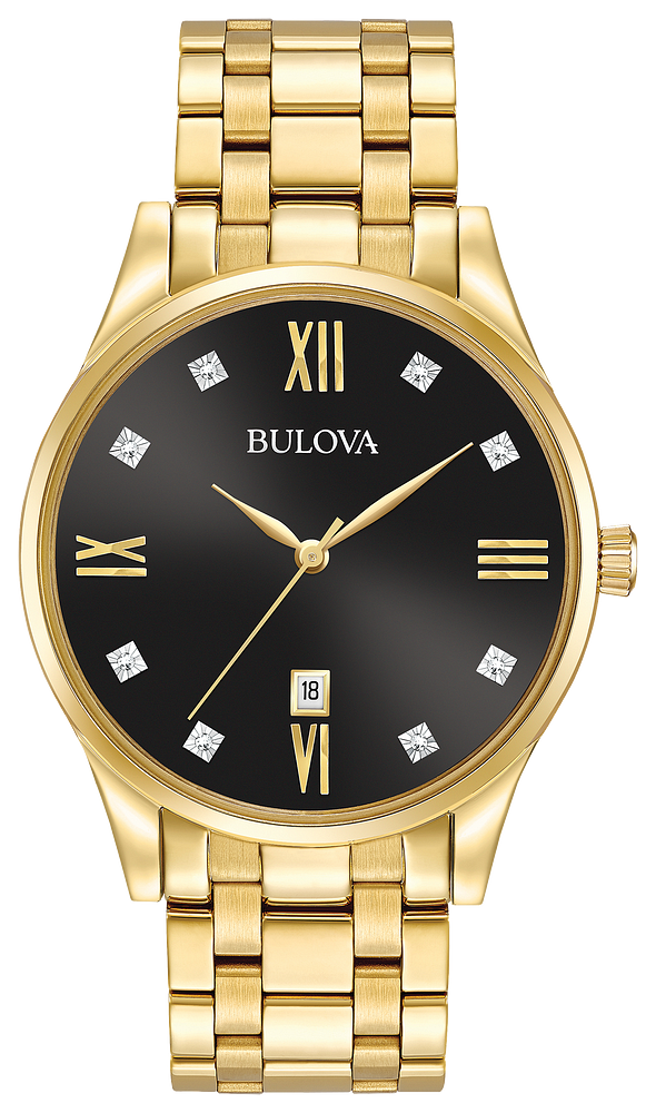 Bulova Classic Gold & Black Dial w/ Diamonds Watch
