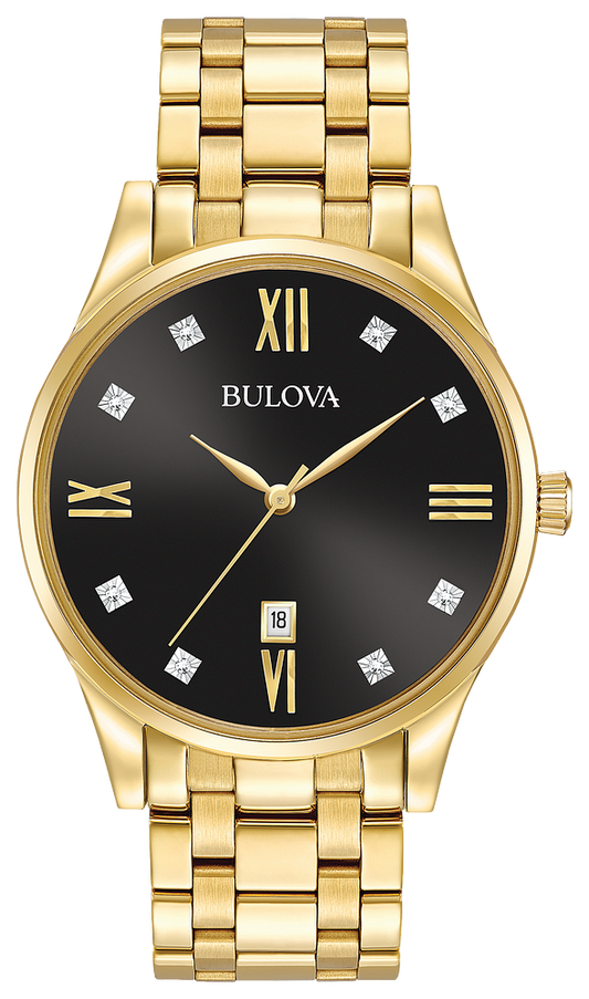 Bulova Classic Gold & Black Dial w/ Diamonds Watch
