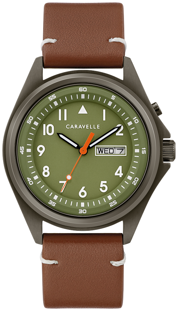Caravelle by Bulova Classic Gunmetal & Brown Leather, Olive Dial Watch