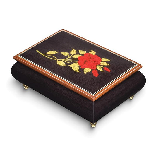 Handcrafted High Gloss Finish Black Rose Inlay Wooden Music Box Made in Italy