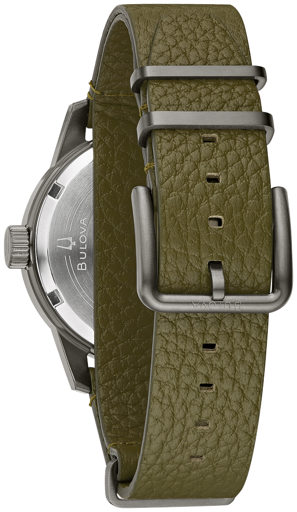 Bulova Field Military Style Automatic Hack Gunmetal Watch with Olive Green Leather Strap